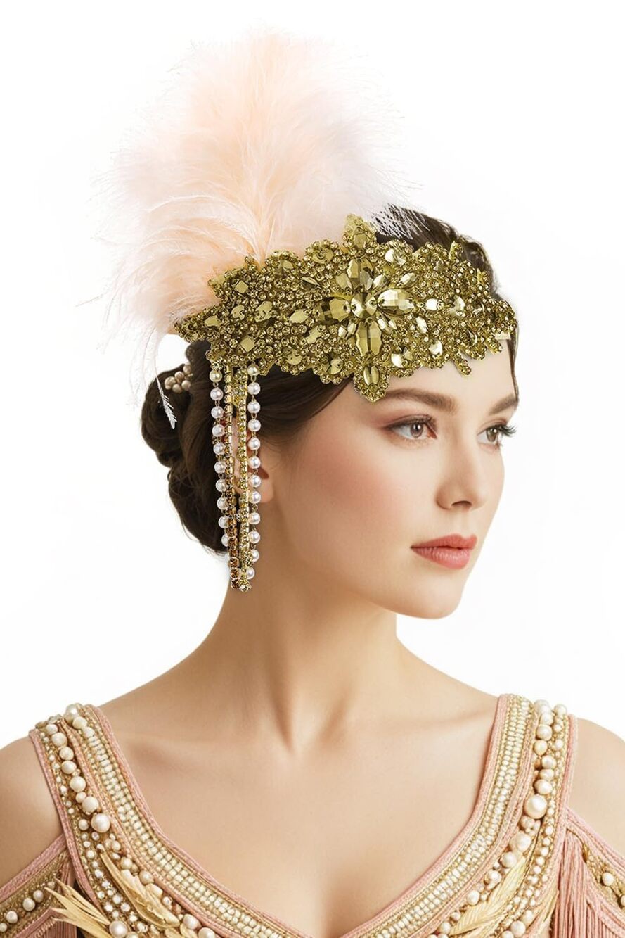 5215 ’s 1920s Headband Flapper Feather Headpiece with Chain Roaring 20s